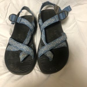 Blue patterned chacos